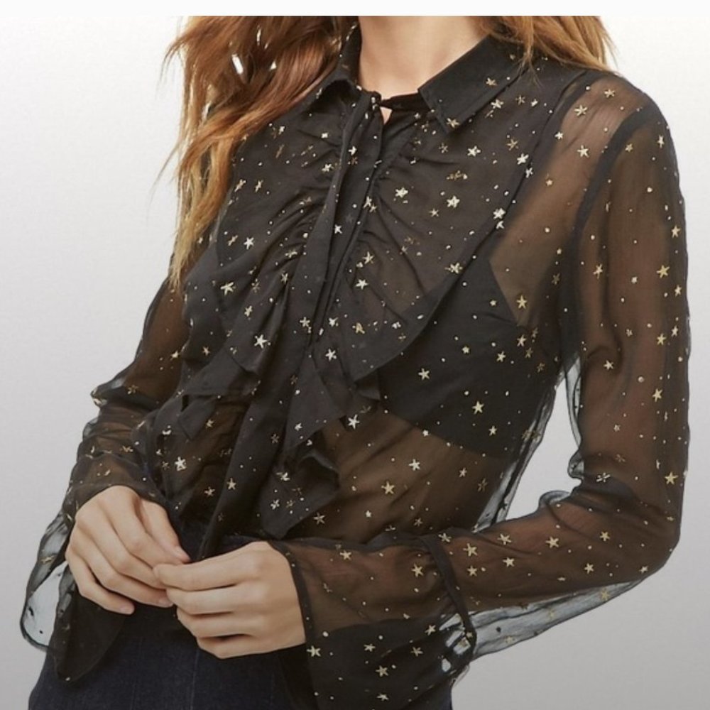 sheer black button up blouse w/ gold stars ✨